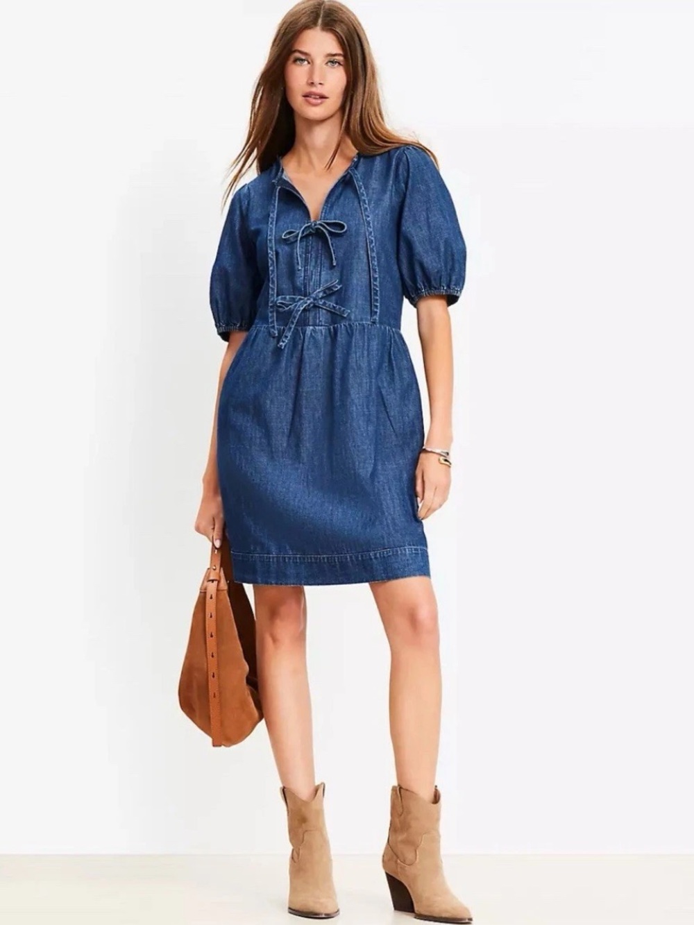 Loft Petite Chambray Bow Mini Pocket Dress